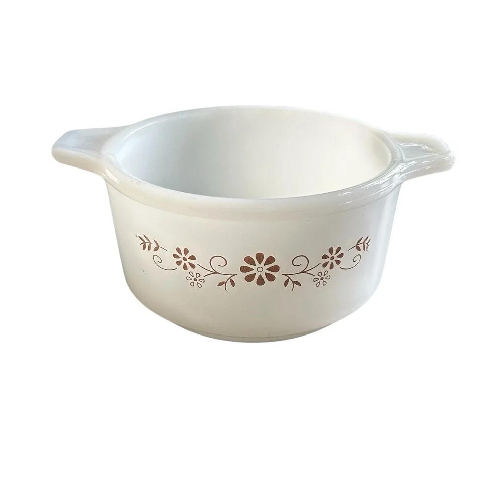 Vintage Pyr-o-Rey Dynaware Milk Glass Brown Daisy Individual‎ Casserole Dish